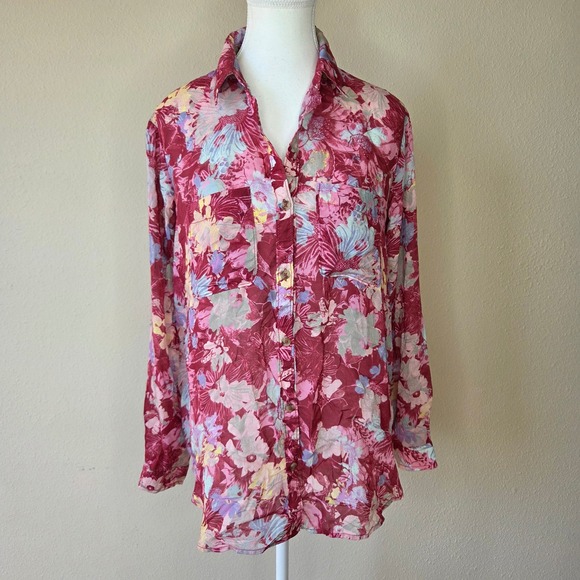 Pilcro Tops - Pilcro Women XS Floral Button Down Shirt Burgundy Pink Long Sleeve Modal Top